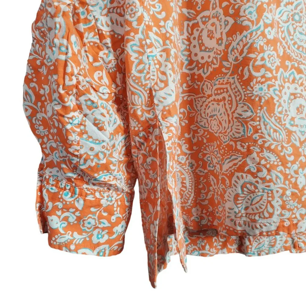 JNY Signature Sz XL Blouse Button Front Floral Roll Tab Cotton Side Vents Orange - Picture 13 of 14